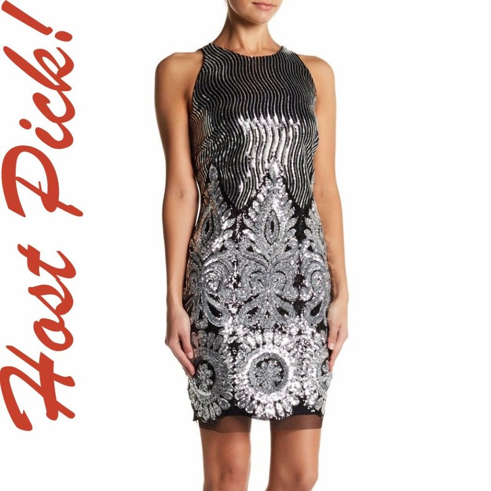 Alexia Admor NEW Dress Sequin Embroidered Back Zip Embellished Silver Black 🎉HP